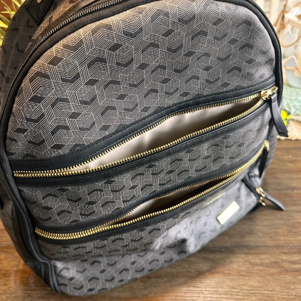 Skip Hop Saffiano Diaper Backpack Convertible Gold Zippers Geometric Print‎